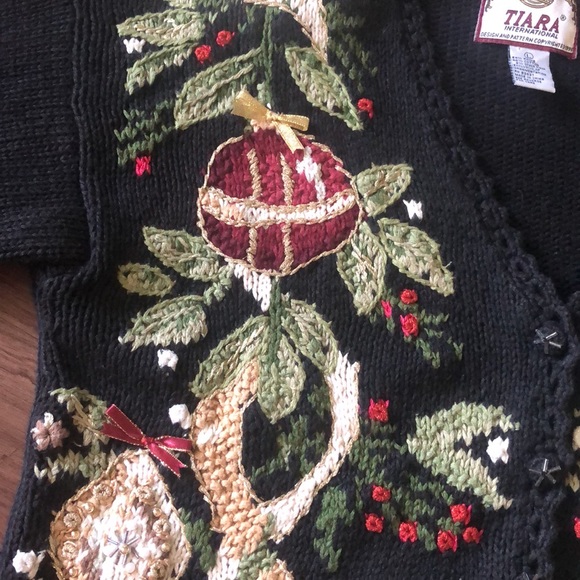 Vintage Tiara Knit Holiday Cardigan Sweater Button Front Ribbon Beads Large L - Picture 6 of 16